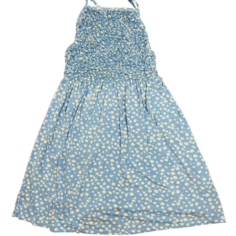 Blue Daisy Floral‎ Smocked Spaghetti Strap Sundress Kids Tie Back Sleeveless